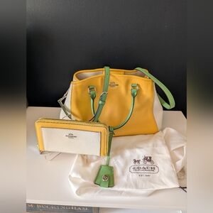 White Coach Leather Shoulder Bag with Green & Yellow Accents & Matching Wallet